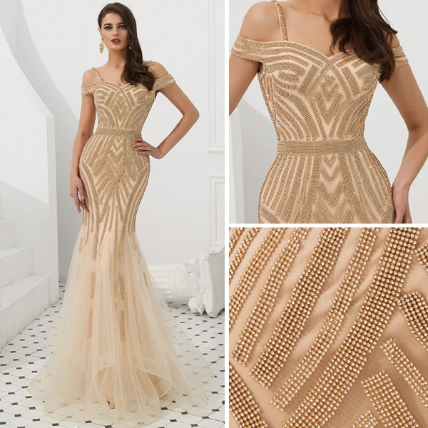 Luxury / Gorgeous Gold Evening Dresses 2019 Trumpet / Mermaid Off-The-Shoulder Spaghetti Straps Short Sleeve Beading Floor-Length / Long Ruffle Backless Formal Dresses