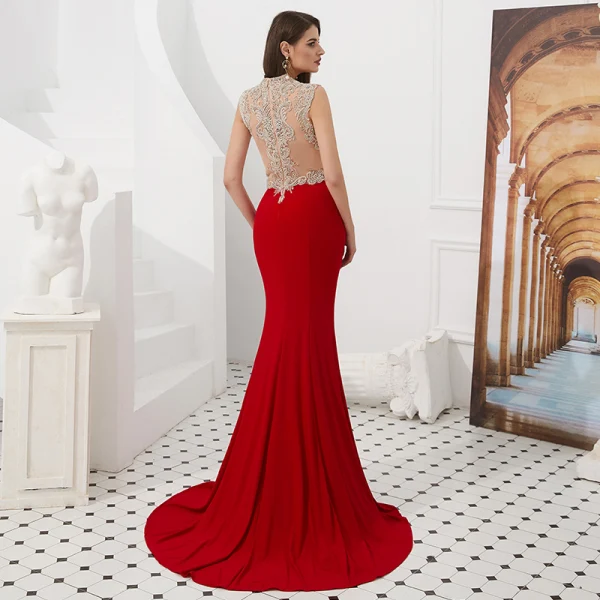 Luxury / Gorgeous Red See-through Evening Dresses 2019 Trumpet / Mermaid V-Neck Sleeveless Beading Sweep Train Ruffle Formal Dresses