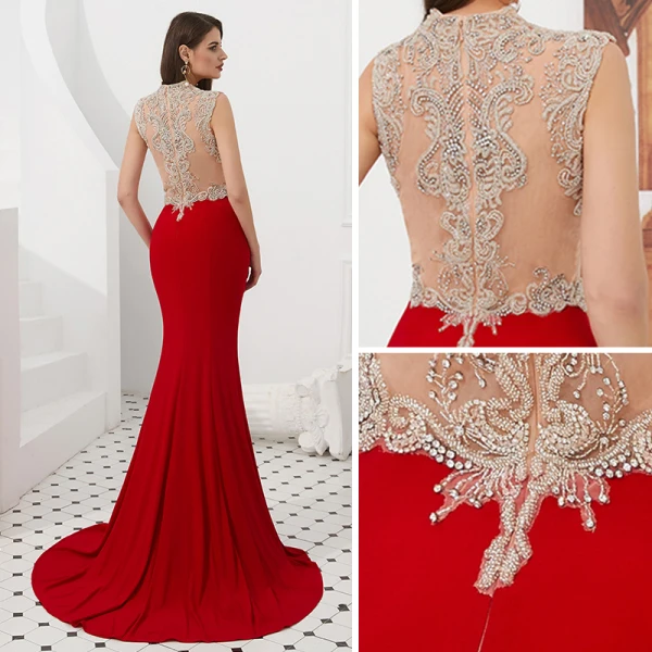 Luxury / Gorgeous Red See-through Evening Dresses 2019 Trumpet / Mermaid V-Neck Sleeveless Beading Sweep Train Ruffle Formal Dresses