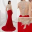 Luxury / Gorgeous Red See-through Evening Dresses  2019 Trumpet / Mermaid V-Neck Sleeveless Beading Sweep Train Ruffle Formal Dresses