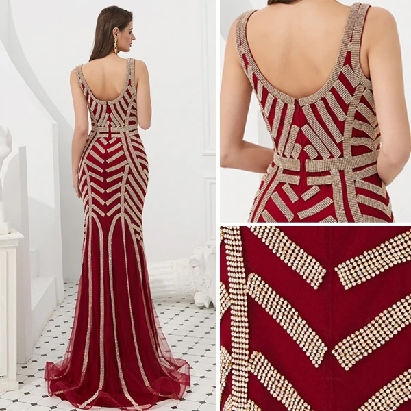 Luxury / Gorgeous Gold Evening Dresses 2019 Trumpet / Mermaid V-Neck Sleeveless Beading Sweep Train Ruffle Backless Formal Dresses