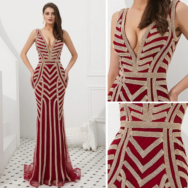 Luxury / Gorgeous Gold Evening Dresses 2019 Trumpet / Mermaid V-Neck Sleeveless Beading Sweep Train Ruffle Backless Formal Dresses