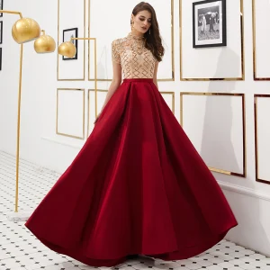 Luxe Vintage Originale Rouge Transparentes Robe De Soirée 2019 Princesse Col Haut Manches Courtes Faux Diamant Perlage Longue Volants Satin Robe De Ceremonie
