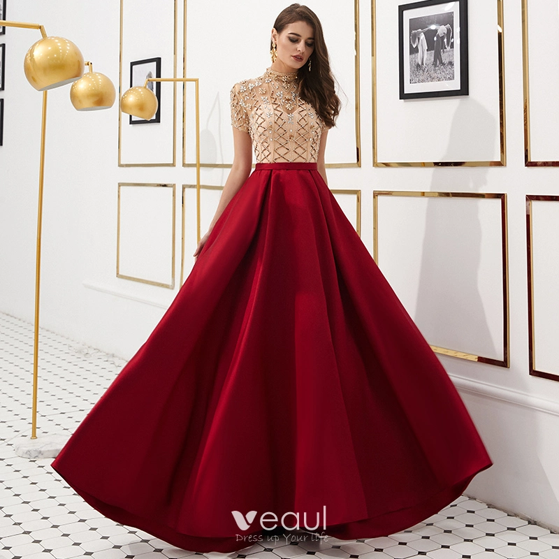 Luxury Gorgeous Vintage Retro Red See through Evening Dresses 2019 A Line Princess High Neck Short Sleeve Rhinestone Beading Floor Length Long Ruffle Satin Formal Dresses