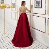 Luxus / Herrlich Vintage Rot Durchsichtige Abendkleider 2019 A Linie Stehkragen Kurze Ärmel Strass Perlenstickerei Lange Rüschen Satin Festliche Kleider