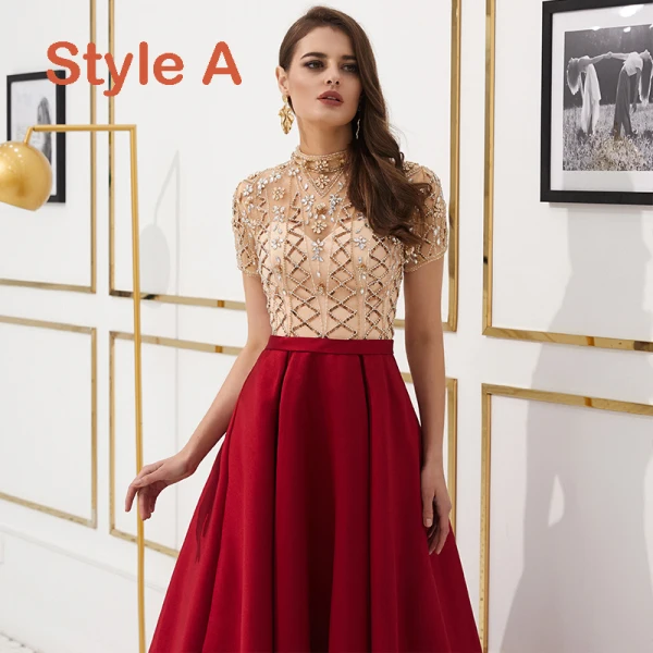 Luxury / Gorgeous Vintage / Retro Red See-through Evening Dresses 2019 A-Line / Princess High Neck Short Sleeve Rhinestone Beading Floor-Length / Long Ruffle Satin Formal Dresses