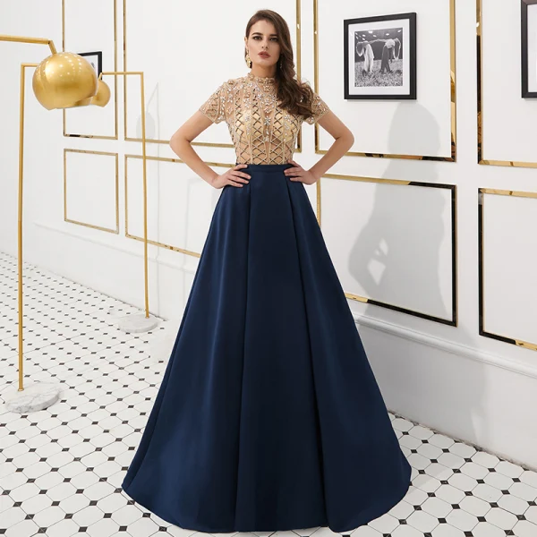 Luxury / Gorgeous Vintage / Retro Red See-through Evening Dresses 2019 A-Line / Princess High Neck Short Sleeve Rhinestone Beading Floor-Length / Long Ruffle Satin Formal Dresses