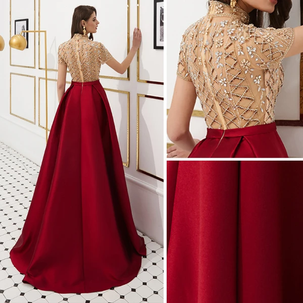 Luxury / Gorgeous Vintage / Retro Red See-through Evening Dresses 2019 A-Line / Princess High Neck Short Sleeve Rhinestone Beading Floor-Length / Long Ruffle Satin Formal Dresses