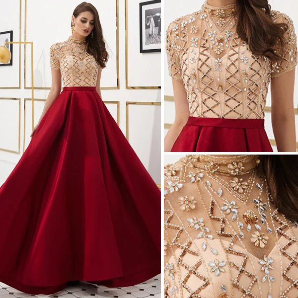 Luxury / Gorgeous Vintage / Retro Red See-through Evening Dresses 2019 A-Line / Princess High Neck Short Sleeve Rhinestone Beading Floor-Length / Long Ruffle Satin Formal Dresses