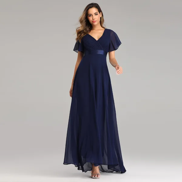 Modest / Simple Black Bridesmaid Dresses 2023 A-Line / Princess V-Neck Short Sleeve Backless Sash Floor-Length / Long Bridesmaid Dresses