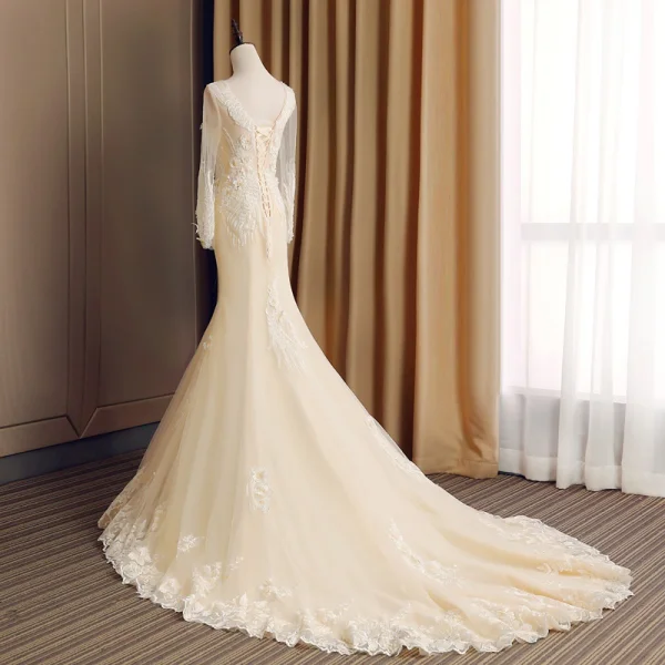 Elegant Champagne See-through Wedding Dresses 2019 Trumpet / Mermaid Scoop Neck Long Sleeve Backless Appliques Lace Rhinestone Beading Court Train Ruffle