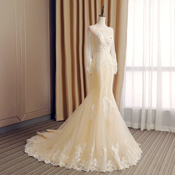 Elegant Champagne See-through Wedding Dresses 2019 Trumpet / Mermaid Scoop Neck Long Sleeve Backless Appliques Lace Rhinestone Beading Court Train Ruffle