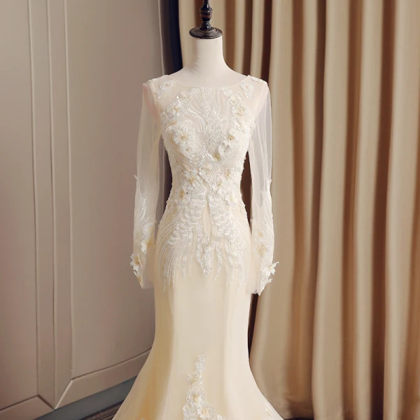 Elegant Champagne See-through Wedding Dresses 2019 Trumpet / Mermaid Scoop Neck Long Sleeve Backless Appliques Lace Rhinestone Beading Court Train Ruffle