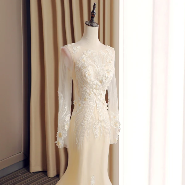 Elegant Champagne See-through Wedding Dresses 2019 Trumpet / Mermaid Scoop Neck Long Sleeve Backless Appliques Lace Rhinestone Beading Court Train Ruffle