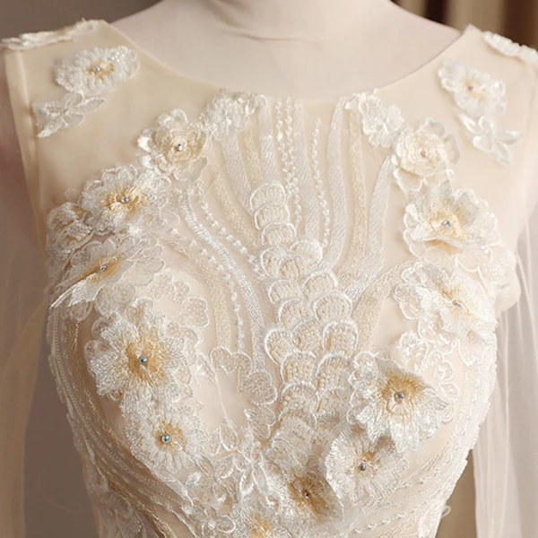 Elegant Champagne See-through Wedding Dresses 2019 Trumpet / Mermaid Scoop Neck Long Sleeve Backless Appliques Lace Rhinestone Beading Court Train Ruffle