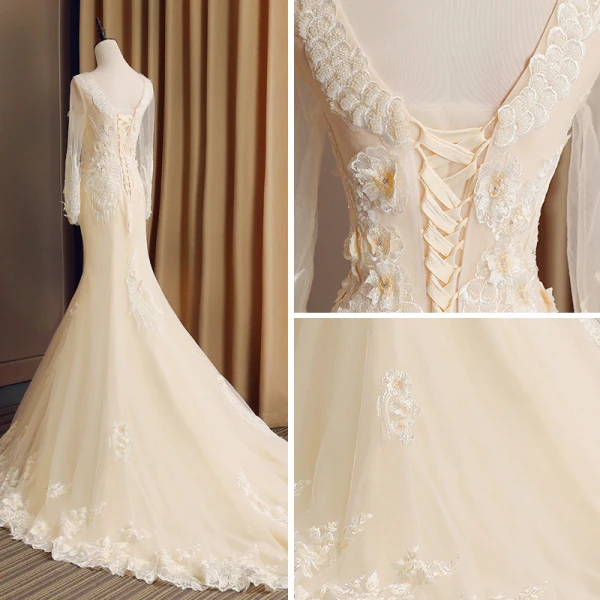 Elegant Champagne See-through Wedding Dresses 2019 Trumpet / Mermaid Scoop Neck Long Sleeve Backless Appliques Lace Rhinestone Beading Court Train Ruffle
