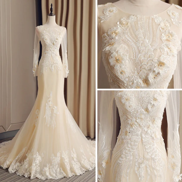 Elegant Champagne See-through Wedding Dresses 2019 Trumpet / Mermaid Scoop Neck Long Sleeve Backless Appliques Lace Rhinestone Beading Court Train Ruffle