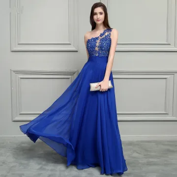 Glamorous Royal Blue Chiffon Evening Dresses 2019 A Line Princess One Shoulder Sleeveless Appliques Lace Beading Floor Length Long Ruffle Backless Formal Dresses