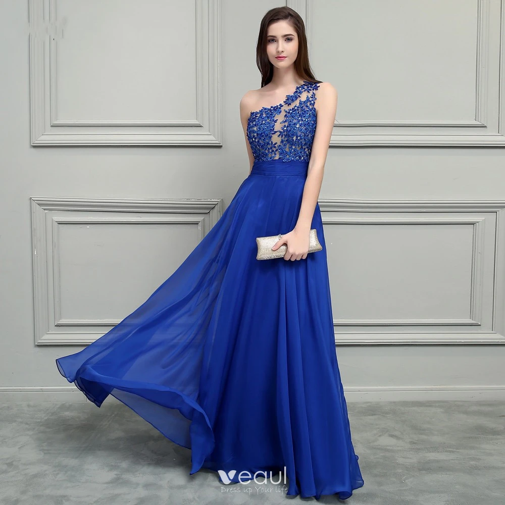 Glamorous Royal Blue Chiffon Evening Dresses 2019 A Line Princess One Shoulder Sleeveless Appliques Lace Beading Floor Length Long Ruffle Backless Formal Dresses