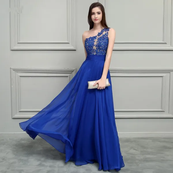 Glamorous Royal Blue Chiffon Evening Dresses  2019 A-Line / Princess One-Shoulder Sleeveless Appliques Lace Beading Floor-Length / Long Ruffle Backless Formal Dresses