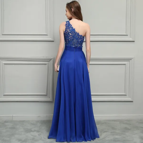 Glamour Bleu Roi Chiffon Robe De Soirée 2019 Princesse Une épaule Sans Manches Appliques En Dentelle Perlage Longue Volants Dos Nu Robe De Ceremonie