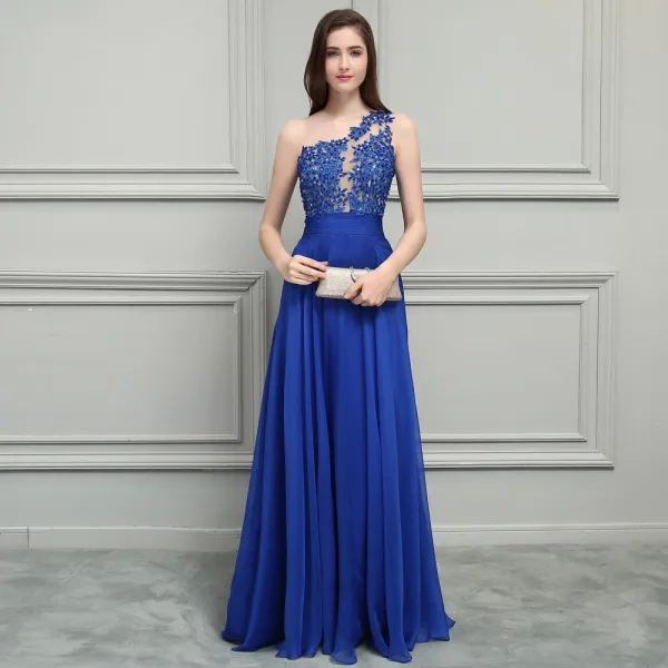 Glamour Bleu Roi Chiffon Robe De Soirée 2019 Princesse Une épaule Sans Manches Appliques En Dentelle Perlage Longue Volants Dos Nu Robe De Ceremonie