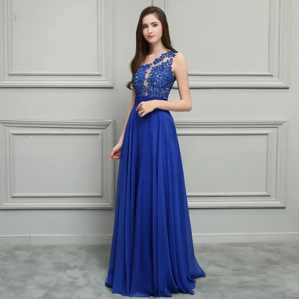 Glamour Bleu Roi Chiffon Robe De Soirée 2019 Princesse Une épaule Sans Manches Appliques En Dentelle Perlage Longue Volants Dos Nu Robe De Ceremonie