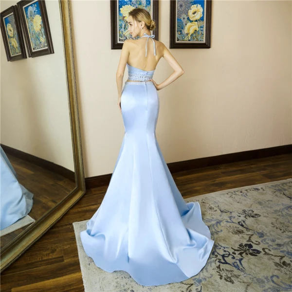 2 Pièces Bleu Ciel Satin Robe De Soirée 2019 Trompette / Sirène Titulaire Sans Manches Perlage Train De Balayage Dos Nu Robe De Ceremonie