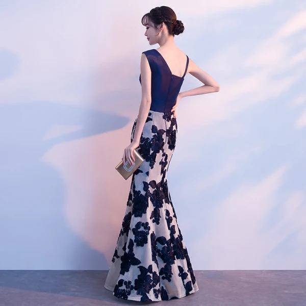 Modern / Fashion Navy Blue Evening Dresses 2018 Trumpet / Mermaid Amazing / Unique Shoulders Sleeveless Appliques Lace Rhinestone Sash Floor-Length / Long Ruffle Backless Formal Dresses