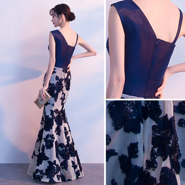 Modern / Fashion Navy Blue Evening Dresses 2018 Trumpet / Mermaid Amazing / Unique Shoulders Sleeveless Appliques Lace Rhinestone Sash Floor-Length / Long Ruffle Backless Formal Dresses