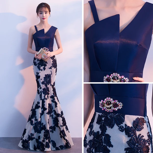 Modern / Fashion Navy Blue Evening Dresses 2018 Trumpet / Mermaid Amazing / Unique Shoulders Sleeveless Appliques Lace Rhinestone Sash Floor-Length / Long Ruffle Backless Formal Dresses