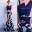 Modern / Fashion Navy Blue Evening Dresses  2018 Trumpet / Mermaid Amazing / Unique Shoulders Sleeveless Appliques Lace Rhinestone Sash Floor-Length / Long Ruffle Backless Formal Dresses