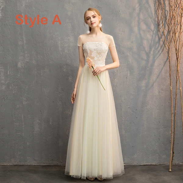 Discount Champagne See-through Bridesmaid Dresses 2019 A-Line / Princess Appliques Lace Floor-Length / Long Ruffle Backless Wedding Party Dresses