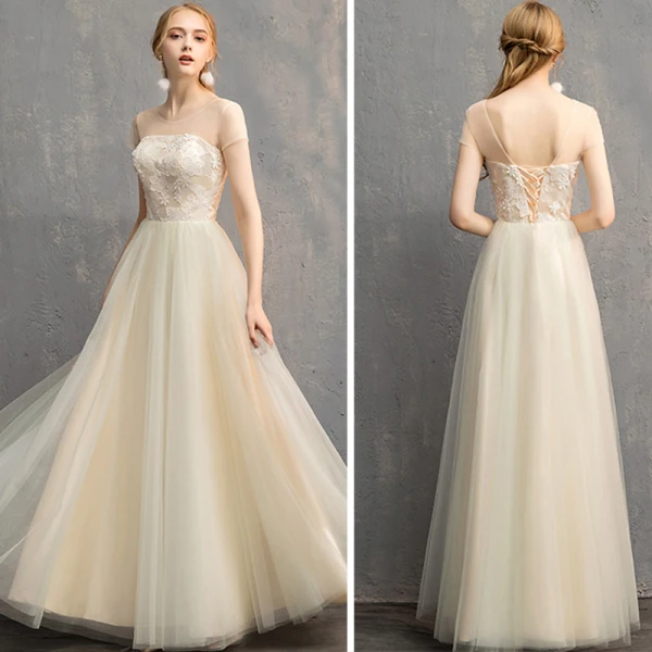 Discount Champagne See-through Bridesmaid Dresses 2019 A-Line / Princess Appliques Lace Floor-Length / Long Ruffle Backless Wedding Party Dresses