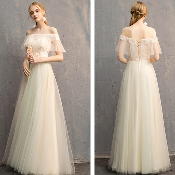 Discount Champagne See-through Bridesmaid Dresses 2019 A-Line / Princess Appliques Lace Floor-Length / Long Ruffle Backless Wedding Party Dresses