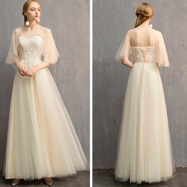 Discount Champagne See-through Bridesmaid Dresses 2019 A-Line / Princess Appliques Lace Floor-Length / Long Ruffle Backless Wedding Party Dresses