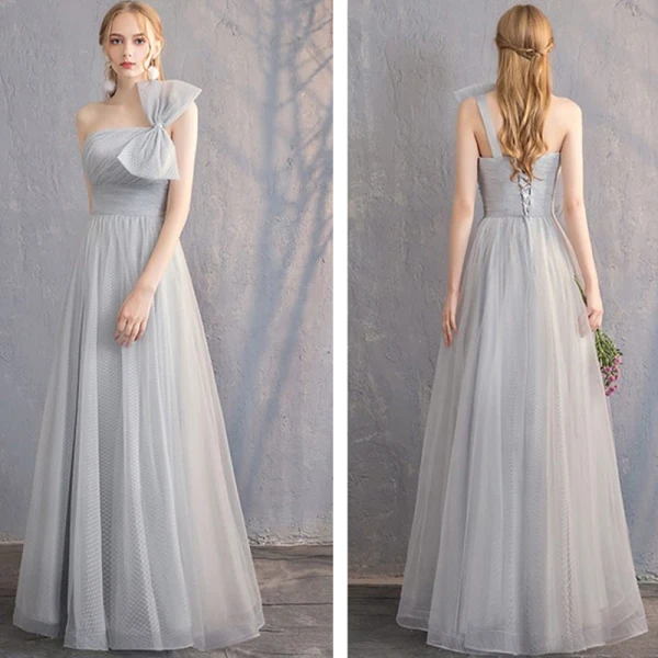 Discount Grey Bridesmaid Dresses 2019 A-Line / Princess Spotted Tulle Floor-Length / Long Ruffle Backless Wedding Party Dresses
