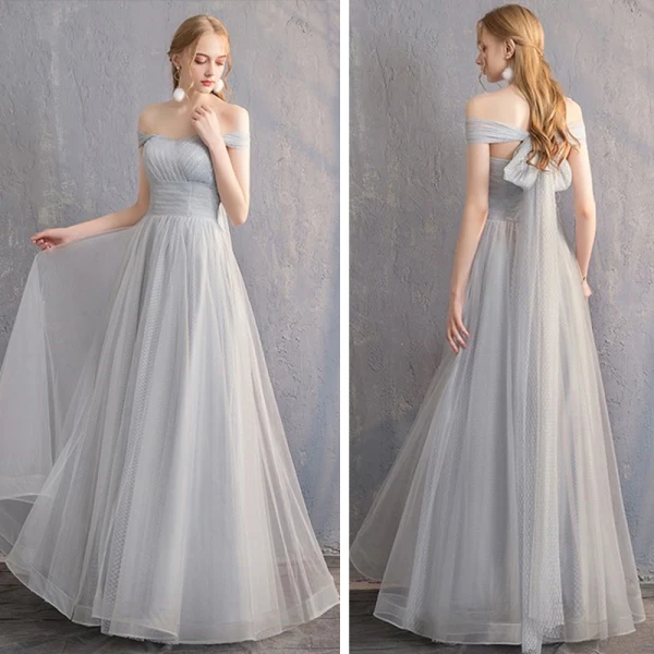 Discount Grey Bridesmaid Dresses 2019 A-Line / Princess Spotted Tulle Floor-Length / Long Ruffle Backless Wedding Party Dresses