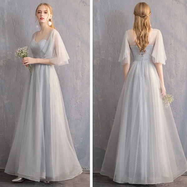 Discount Grey Bridesmaid Dresses 2019 A-Line / Princess Spotted Tulle Floor-Length / Long Ruffle Backless Wedding Party Dresses
