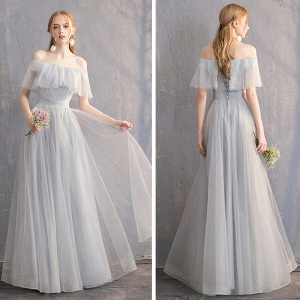 Discount Grey Bridesmaid Dresses 2019 A-Line / Princess Spotted Tulle Floor-Length / Long Ruffle Backless Wedding Party Dresses