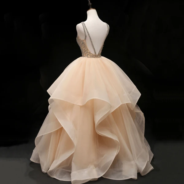 Luxus / Herrlich Champagner Ballkleider 2019 Ballkleid Rundhalsausschnitt Ärmellos Perlenstickerei Lange Fallende Rüsche Rückenfreies Festliche Kleider