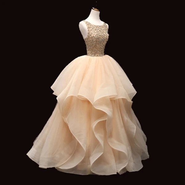 Luxus / Herrlich Champagner Ballkleider 2019 Ballkleid Rundhalsausschnitt Ärmellos Perlenstickerei Lange Fallende Rüsche Rückenfreies Festliche Kleider