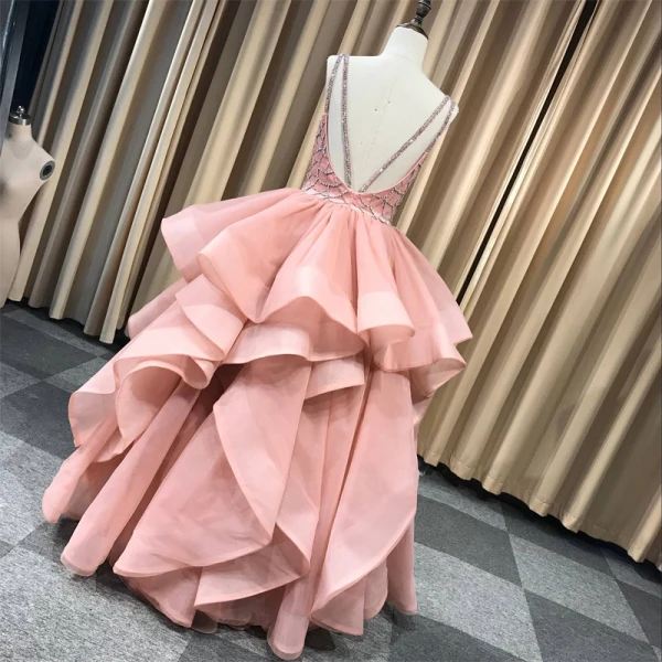 Luxus / Herrlich Champagner Ballkleider 2019 Ballkleid Rundhalsausschnitt Ärmellos Perlenstickerei Lange Fallende Rüsche Rückenfreies Festliche Kleider