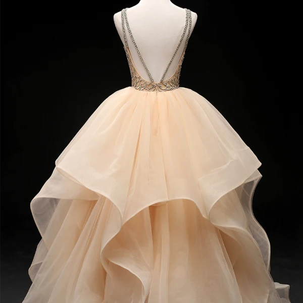 Luxus / Herrlich Champagner Ballkleider 2019 Ballkleid Rundhalsausschnitt Ärmellos Perlenstickerei Lange Fallende Rüsche Rückenfreies Festliche Kleider