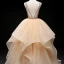 Luxus / Herrlich Champagner Ballkleider 2019 Ballkleid Rundhalsausschnitt Ärmellos Perlenstickerei Lange Fallende Rüsche Rückenfreies Festliche Kleider