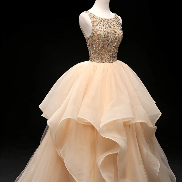 Luxus / Herrlich Champagner Ballkleider 2019 Ballkleid Rundhalsausschnitt Ärmellos Perlenstickerei Lange Fallende Rüsche Rückenfreies Festliche Kleider