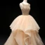 Luxus / Herrlich Champagner Ballkleider 2019 Ballkleid Rundhalsausschnitt Ärmellos Perlenstickerei Lange Fallende Rüsche Rückenfreies Festliche Kleider