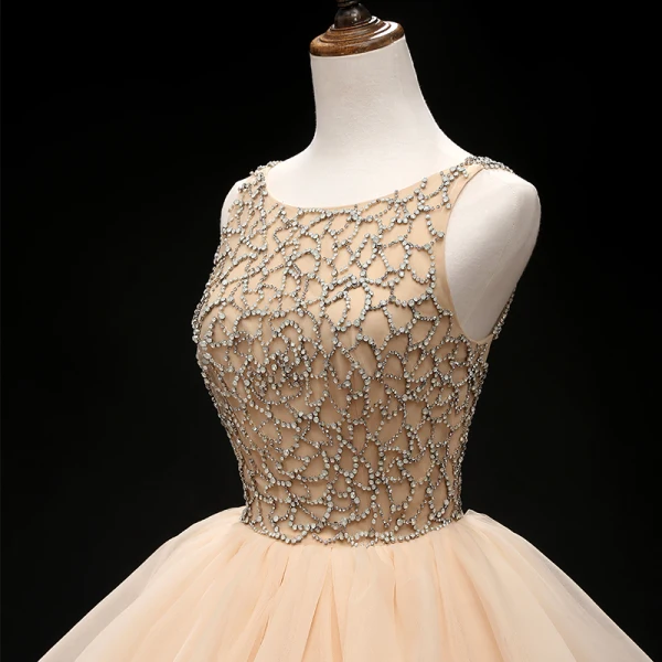 Luxus / Herrlich Champagner Ballkleider 2019 Ballkleid Rundhalsausschnitt Ärmellos Perlenstickerei Lange Fallende Rüsche Rückenfreies Festliche Kleider