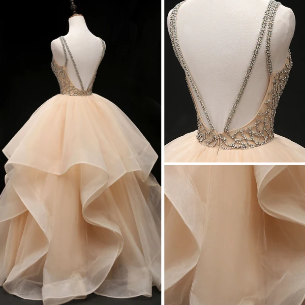 Luxus / Herrlich Champagner Ballkleider 2019 Ballkleid Rundhalsausschnitt Ärmellos Perlenstickerei Lange Fallende Rüsche Rückenfreies Festliche Kleider