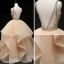 Luxus / Herrlich Champagner Ballkleider 2019 Ballkleid Rundhalsausschnitt Ärmellos Perlenstickerei Lange Fallende Rüsche Rückenfreies Festliche Kleider